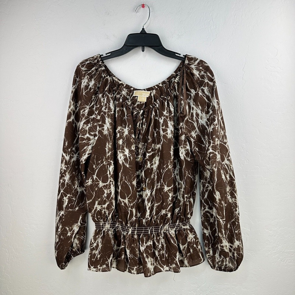 Michael Kors Silk Blouse Womens Top L Brown Cream Goldtone Tie Smocked Waist